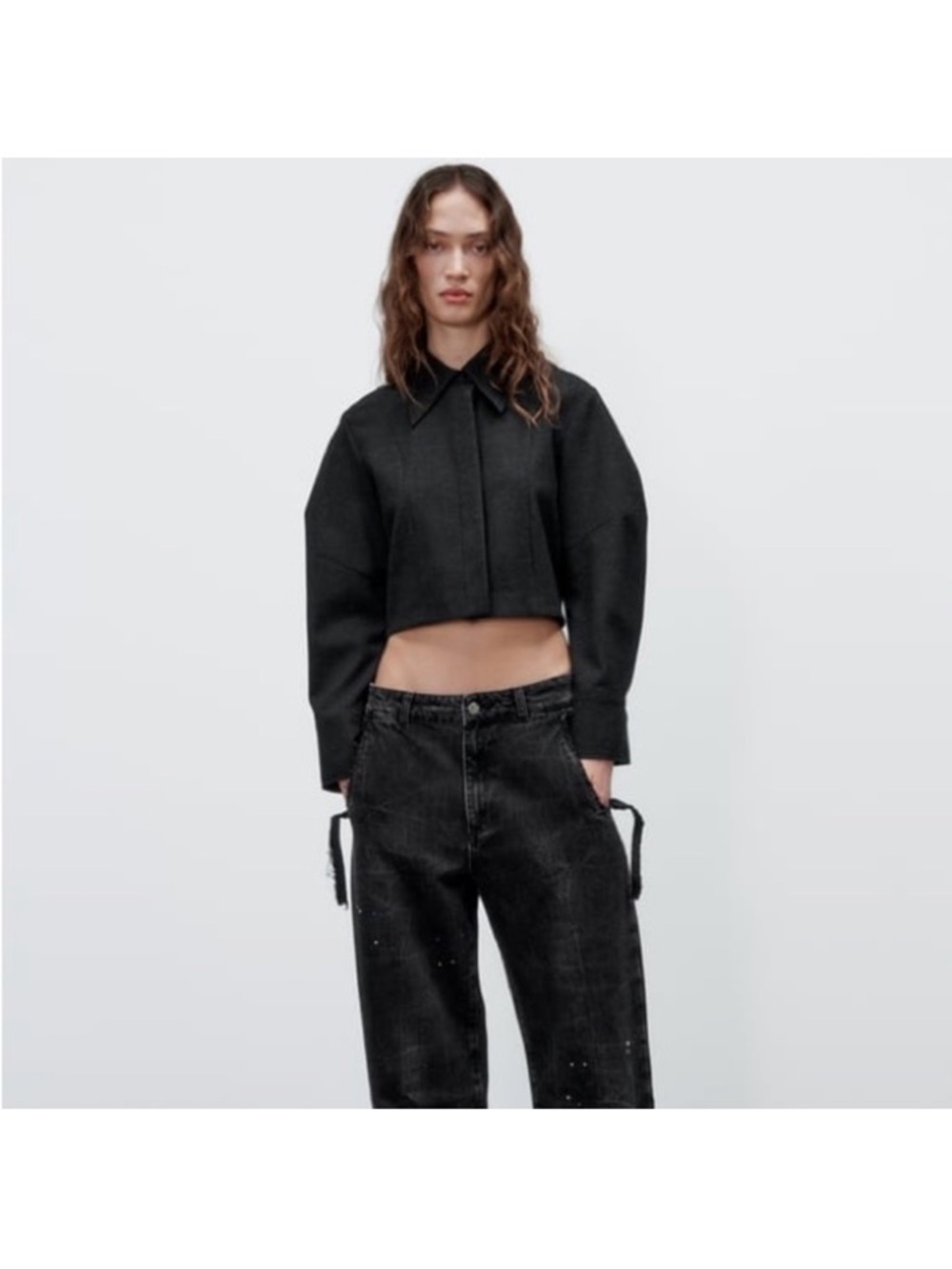 ZARA Cropped Black Button-Up Jacket - Modern Boxy Silhouette SIZE L NWT